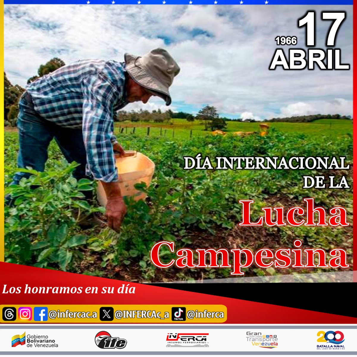 Hoy #17Abr, Se conmemora el Día Internacional de la Lucha Campesina, en memoria y homenaje a todas aquellas personas que han luchado por los derechos de sus tierras, destacando la producción de alimentos y la preservación de las tierras agrícolas.

#Efemerides #LuchasCampesinas