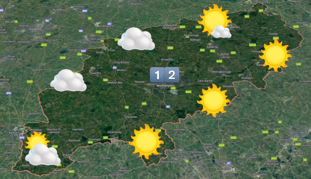 Good evening Northants. Showers die away by midnight with a touch of frost possible in places by dawn as rural lows fall to 1°C. Sunshine tomorrow before it turns cloudier from the northwest by mid/late afternoon. Dry with a westerly breeze. 12°C. Showers on Friday. 12°C.