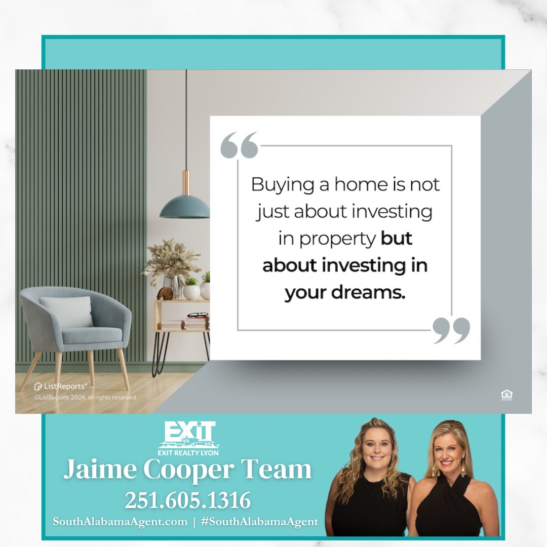 Investing in a home means investing in a future filled with memories, growth, and happiness.🔑

 Jaime Cooper Team 📲251.605.1316
#EXITRealtyLyon #TopAgent #home #RealEstate #realestateagent #BaldwinCounty #BaldwinRealtor #FairhopeAL #DaphneAL #houseexpert #house #athome