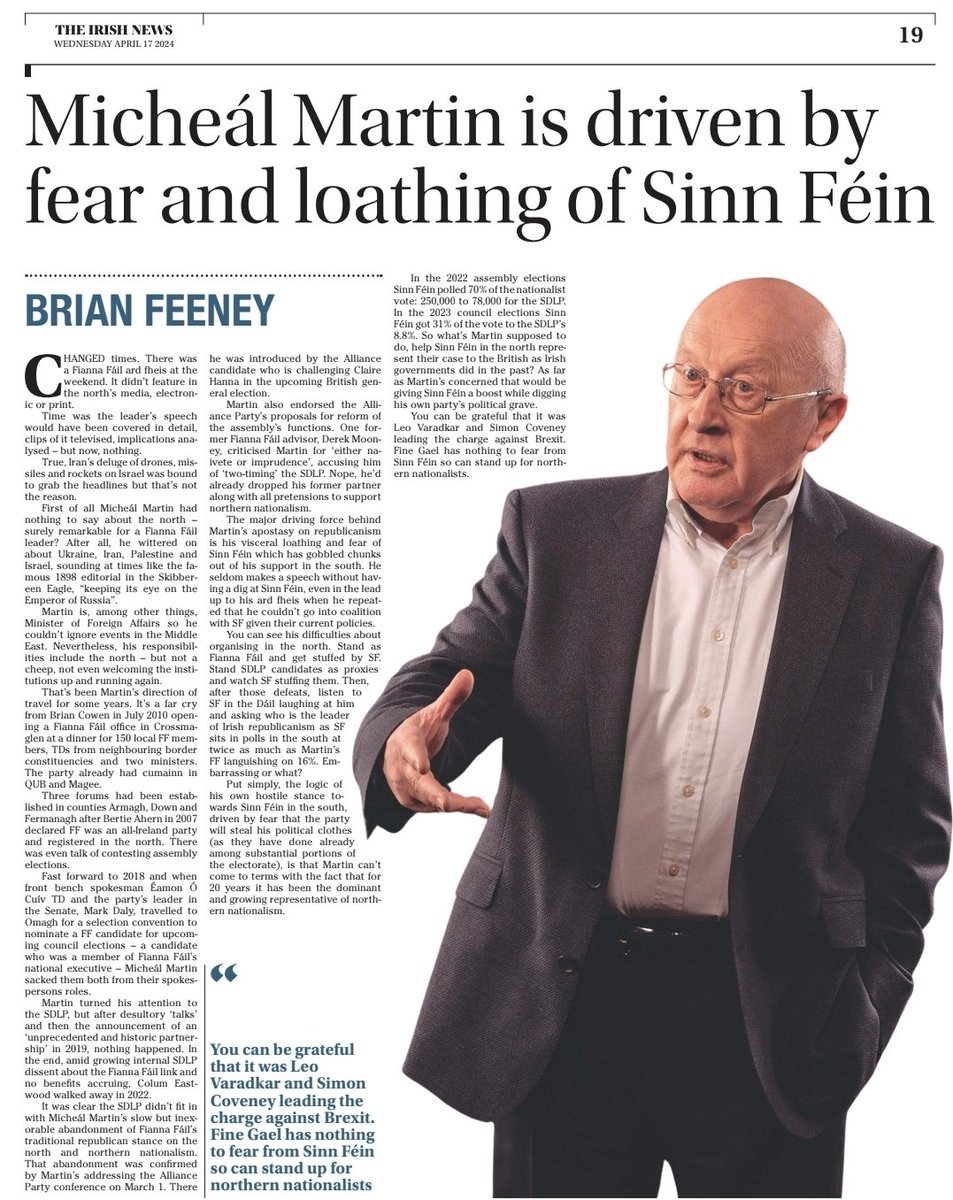 One of Brian Feeney's best (in today's Irish News). The national question means nothing but a nuisance to that partitionist Michéal Martin, whose ilk dumped the English question on us.