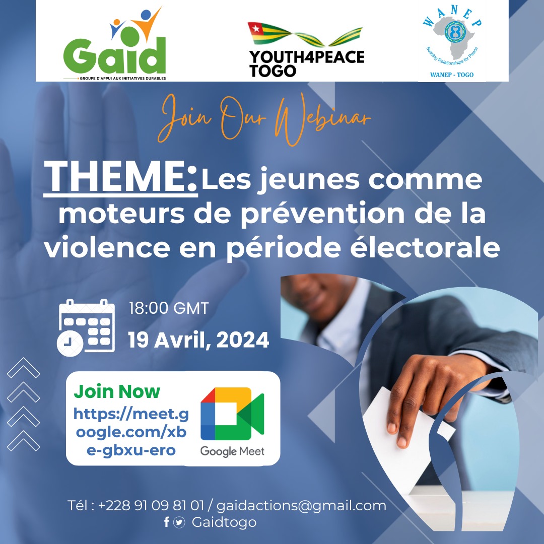 📅 Vendredi 19 avril, à 18h00, rejoignez-nous sur Google Meet : meet.google.com/xbe-gbxu-ero pour une session interactive sur "Les jeunes comme moteurs de prévention de la violence en période électorale". 
Ouverte à tous! Ensemble pour des élections pacifiques.