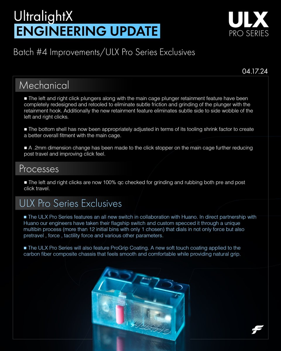 UltralightX Engineering Update: - Batch #4 Improvements - ULX Pro Series Exclusive Upgrades * The ULX Pro Series dropping this Saturday is considered batch 4 and will have all batch 4 changes in addition to exclusive Pro Series upgrades