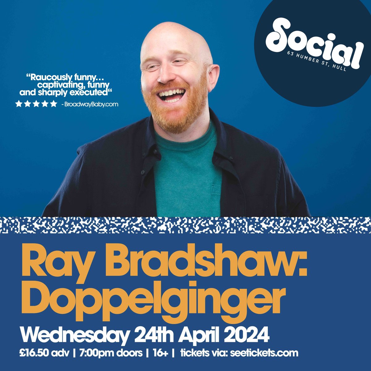 1️⃣ WEEK TO GO Multi-award-winning comedian @comedyray brings his new show to Hull on Wednesday 24th April. 🎟 book tickets: bit.ly/RayBradshawHull Doppelginger is a funny heartwarming comedy show about a silly search for a man with an orange beard who’s follicly challenged.