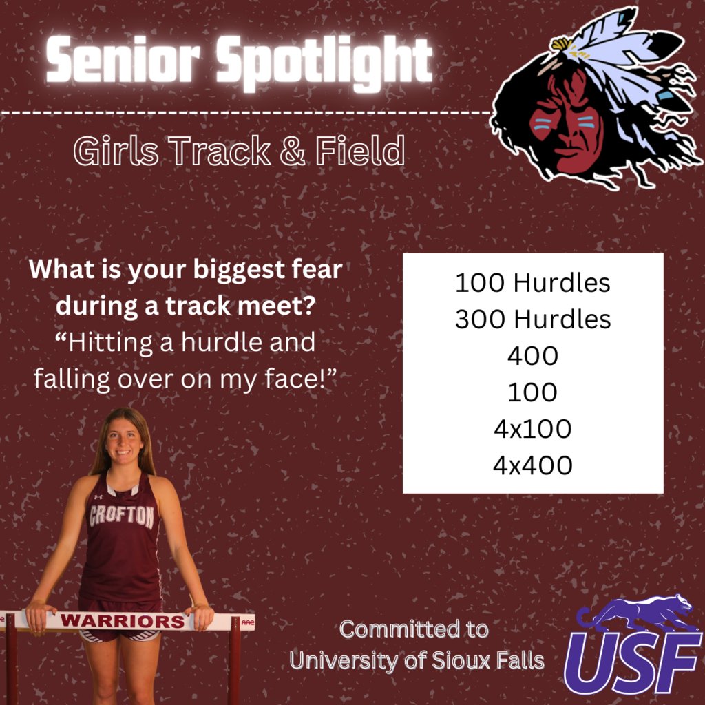 CroftonWarriors's tweet photo. WE LOVE OUR TRACK &amp; FIELD SENIORS! 
Ellie Tramp is our Senior Spotlight this week.  We are proud of you and all your contributions to the Crofton Track &amp; Field program. 
Good luck this season! https://t.co/r2LjQ0D3fJ