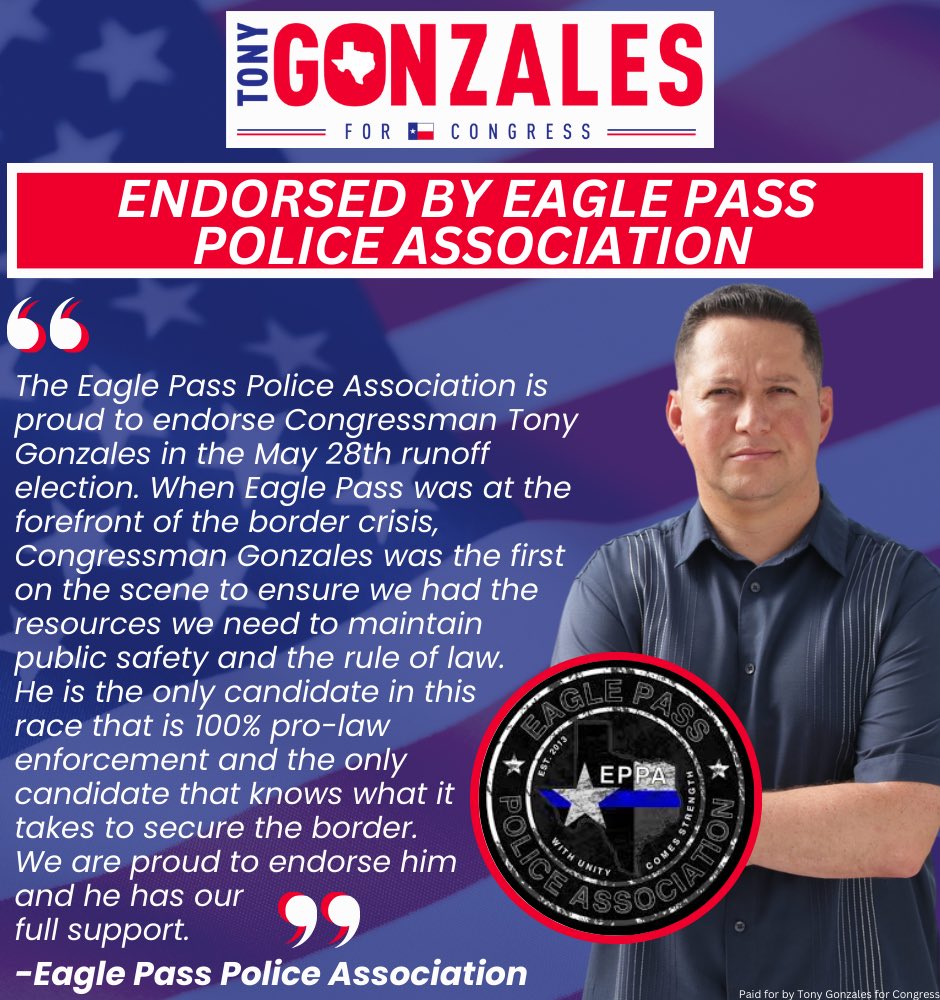 Serving in law enforcement is no easy task. Serving in law enforcement on the frontline of the border crisis is even harder. Team Tony is proud to have the Eagle Pass Police Association in the fight with us and we thank them for all their work to keep us safe! #TX23