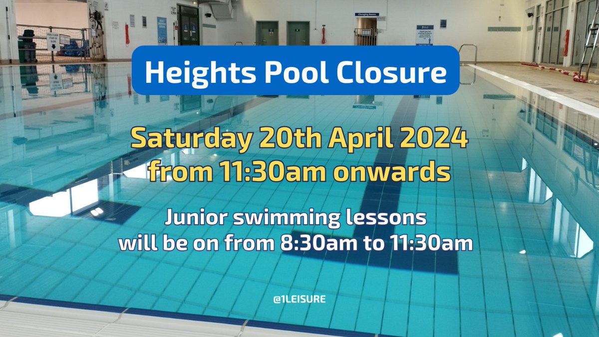 📢 Due to the annual Swimarathon🏊‍♂️the Heights pools will be closed on Saturday 20th April, starting from 11:30am for the remainder of the day. Junior swimming lessons will still take place as usual from 8:30am to 11:30am👍. Medina will be open as usual 1leisure.co.uk/swimming-pool/…