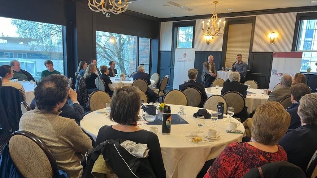 UWLaFollette's tweet photo. This morning, @EzraKlein joined us at the Madison Club to talk with Wisconsin policymakers and answer questions. Thanks to Jeff Mayers @wispolitics for moderating! #LFS40 https://t.co/r8R6QPRxju
