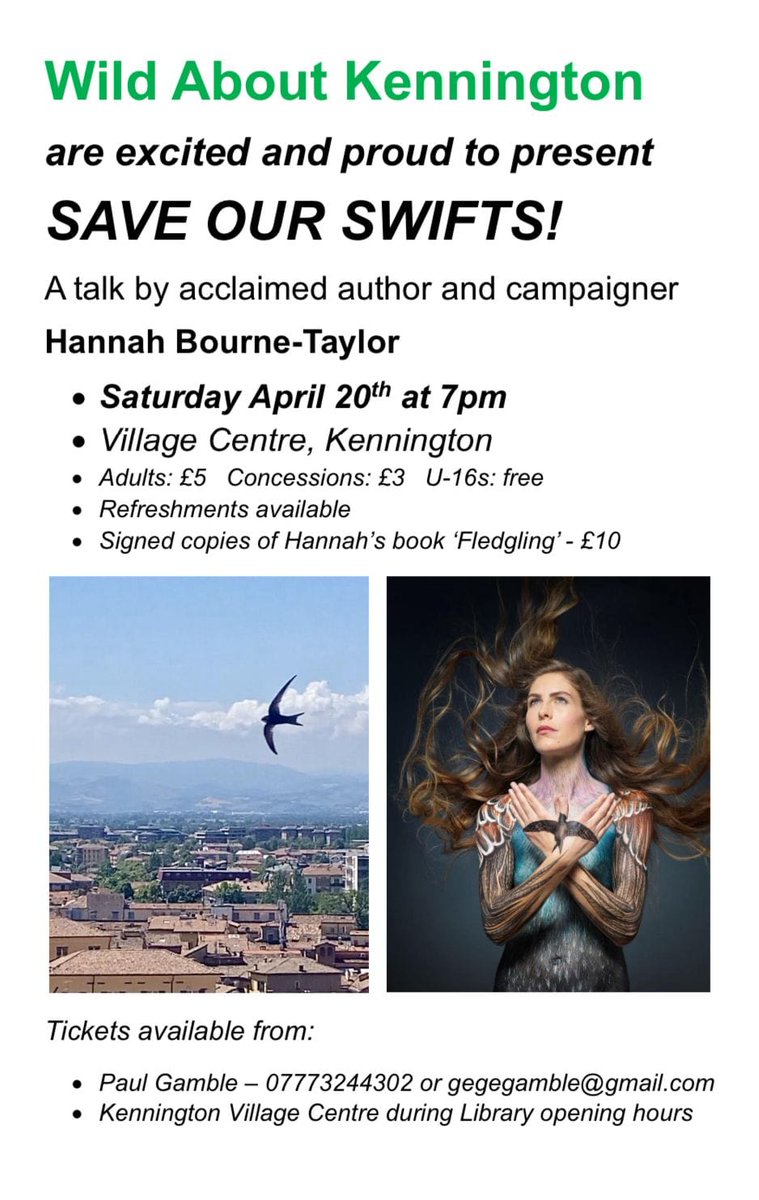 Oxfordshire folk! This Saturday in Kennington you have a special opportunity to hear the unstoppable @WriterHannahBT talk abt the wonderful swifts &her inspiring campaign to save them. See below on how to get hold of tickets (though if it's not sold out, you can buy on the night)