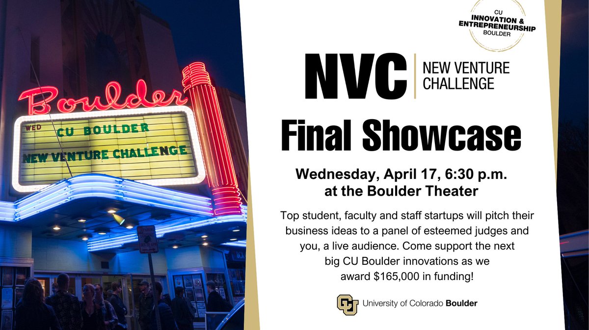 🎉🏆🚀 Tonight's the night: The New Venture Challenge Final Showcase! We'll award a record-breaking $165,000 to a batch of incredible new ventures. Join us at the Boulder Theater! 📣 @leedsbiz @CUBoulder @ColoLaw @CUBoulderCMCI, @CUEngineering @VPCUBldr