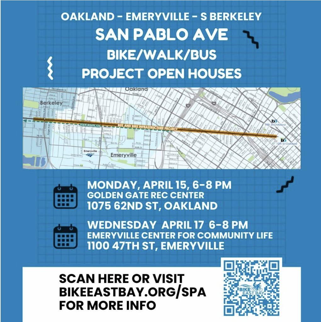 SAN PABLO AVE PROTECTED BIKEWAY PROJECT OPEN HOUSE, EMERYVILLE Tonight, 6-8PM at the Emeryville Center For Community Life 1100 47th St Another chance to weigh in on ACTC's proposed changes to San Pablo Ave. For more info see oaklandside.org/2024/04/12/now…