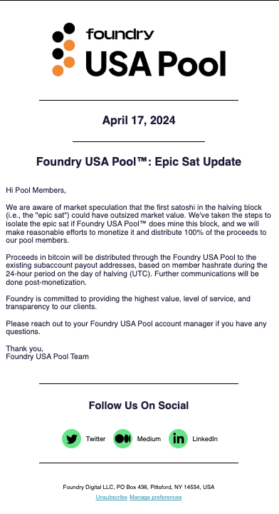 BREAKING: @FoundryServices will 'isolate' the #Bitcoin Halving 'Epic Sat' and redistribute profits to its pool clients. Every mining company is now an Ordinals company.