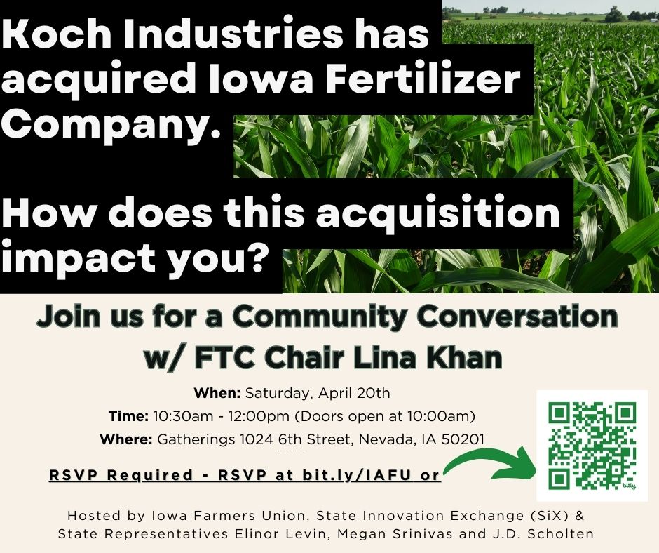 🧵This Saturday, Iowa farmers will join state legislators for a community meeting to share with FTC Chair, @linakhanFTC, what the acquisition of Iowa Fertilizer Company by Koch Industries means for farmers and the future of rural communities.