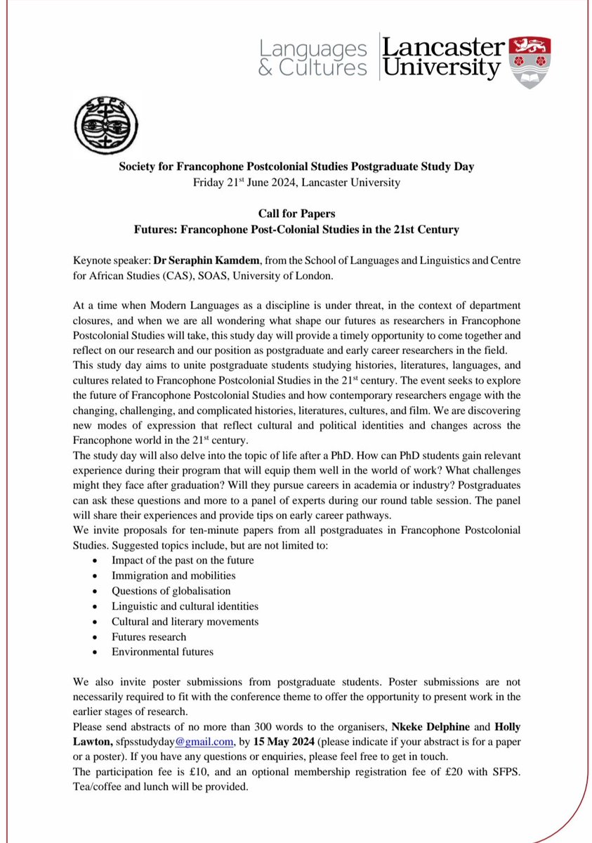 CALL FOR PAPERS & POSTERS 🚨 for Society for Francophone Postcolonial studies @SFPS_UK PG Study Day (June 21,2024) , @LancasterUni organised by @DeLCLancaster) An excellent opportunity for PGRs to meet, share and network @SFPS_UK @DrCABaker @hollyrlawton @BenBGDalton
