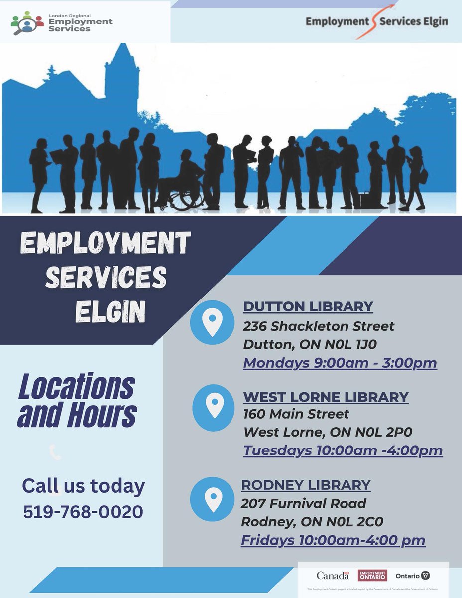 Do you live in West Elgin? Employment Services Elgin are there three days a week! See below for locations, dates and times.