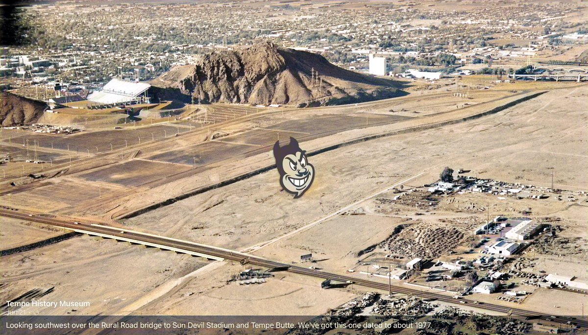 DieHardDevilASU's tweet photo. #SunDevilCountry from the #TempeHistoryMuseum- Looking southwest over the Rural Road bridge to #SunDevilStadium and #TempeButte. We've got this one dated to about 1977. #ForksUp @TheSunDevils https://t.co/cmEY9Uloj3