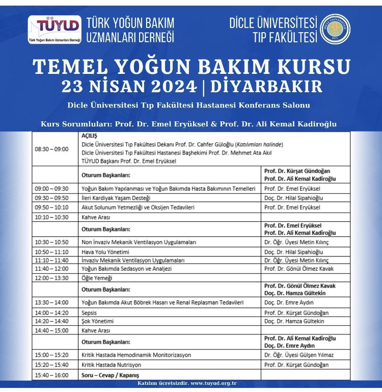 TUYUD_STI's tweet photo. Temel Yoğun Bakım Kursu, 23 Nisan 2024 tarihinde, Dicle Üniversitesi Tıp Fakültesi Hastanesi Konferans Salonu, Diyarbakır’da düzenlenecektir. Katılım ücretsizdir. Kayıt zorunludur. 
Kayıt ve katılım için https://t.co/QLA4TvXJoU https://t.co/5XiHrkWZHm