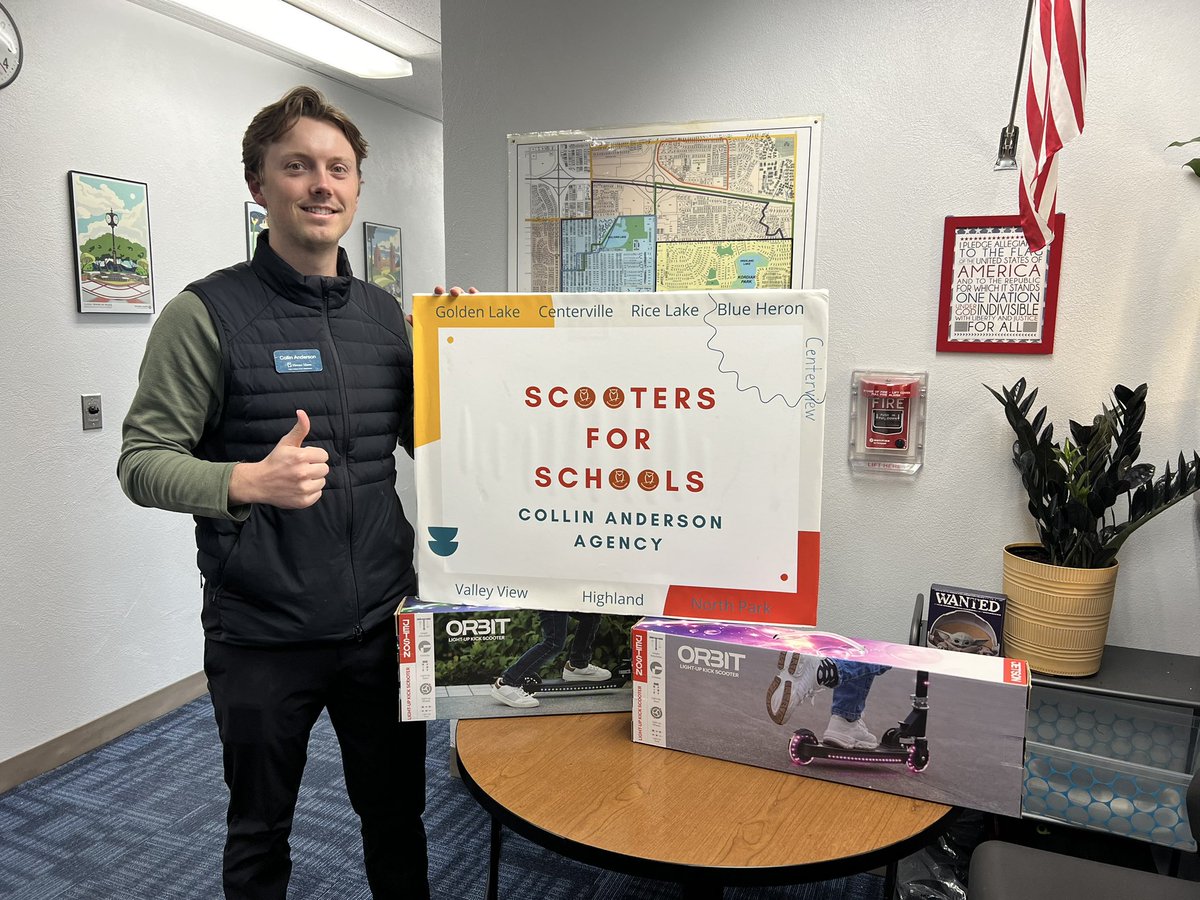 CollinAgency's tweet photo. My annual Scooters for Schools program is just kicking off! 

Each year, I donate two light-up scooters to elementary schools in my territory.

Just in time for summer ☀️ https://t.co/h3hJTIK9Au