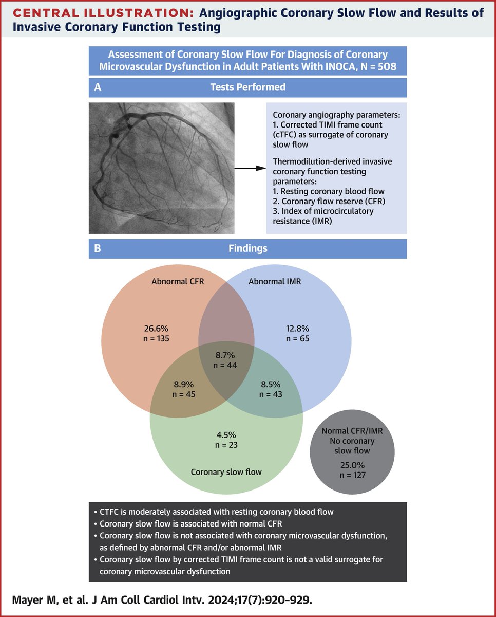 This multicenter #JACCINT analysis demonstrated that coronary slow flow is NOT associated with microvascular dysfunction in patients with #INOCA bit.ly/49AeBZO #CMD #cvCAD
