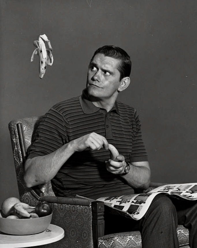 HAPPY #NATIONALBANANADAY! 🍌🍌 Per NationalDayCalendar.com, “The day focuses on the nutrition of the fruit as well as the way comedy has used the #banana.” #DickYork as Darrin is wondering which witch is responsible for the floating banana in this photo from 1965. #Bewitched