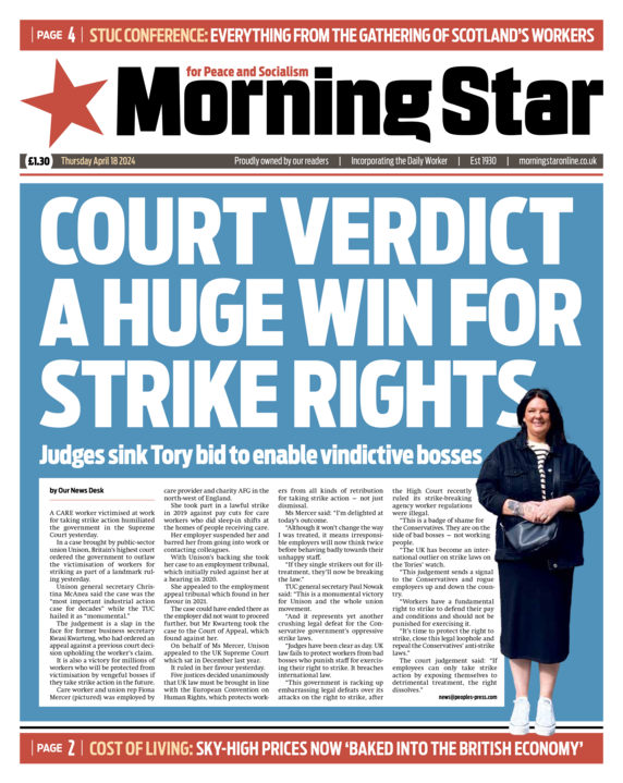 Tomorrow's front page: COURT VERDIT A HUGE WIN FOR STRIKE RIGHTS - Judges sink Tory bid to enable vindictive bosses