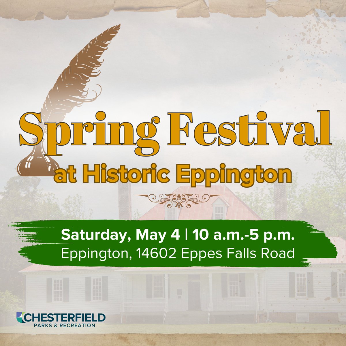 Travel through time and enjoy our free Spring Festival at Historic Eppington!

📷 Saturday, May 4, 10 a.m.-5 p.m. at Eppington

We'll have a variety of colonial activities, carriage rides, period music, storytelling, period vendors, crafters, historic trades, and living history.