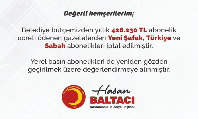 CHP'ye geçen Kastamonu Belediyesi yıllık 426 bin TL ödenen Yeni Şafak, Sabah ve Türkiye Gazetesi aboneliklerini iptal etti.