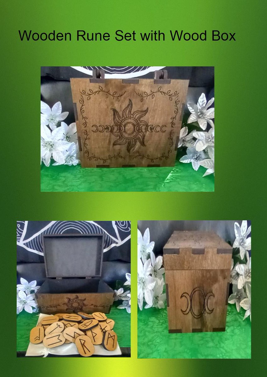 Wooden Rune Set with Wooden Engraved Box This Stunning runes set comes complete with 31 tiles in a Black velvet organza bag , info instructions and the exclusive Wood engraved 4' X 8' X 6' box. Great Gift for yourself or to give that special someone thewitchesbroomclosetonline.com/index.php?main…