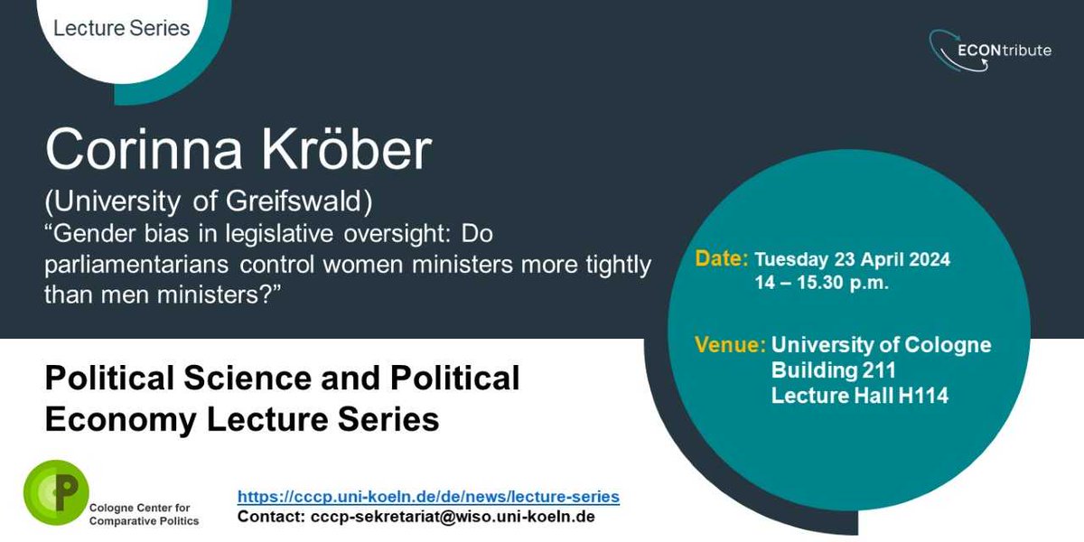 Next Tuesday, @CompPolCologne and @ECON_tribute are delighted to welcome @corinna_kroeber, our first speaker in the PSPE lecture series this term! 

Prof. Kröber will be speaking on gender bias in legislative oversight. All welcome! @UniCologne @WiSoUniCologne