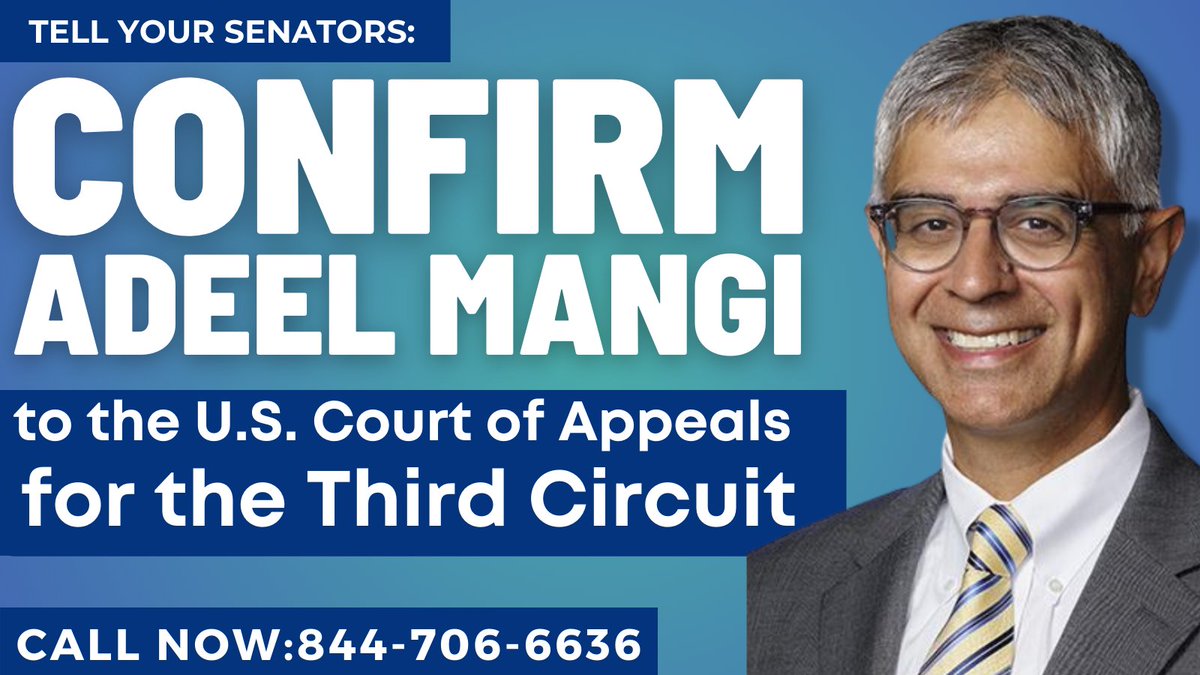 Adeel Mangi is an exceptional judicial nominee who is committed to justice for all!

Call your senators at 844-706-6636 & tell them to #ConfirmMangi to the 3rd Circuit!

Learn more: afjactioncampaign.org/confirmmangi/