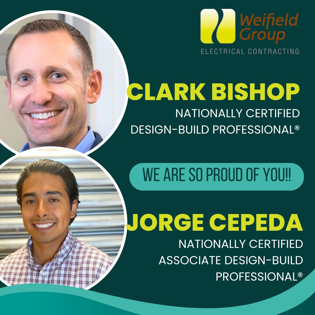 ANNOUNCING: - Clark Bishop, Dir. of Precon Design & Eng., has been certified as a @DBIAnational Design-Build Professional®! - Jorge Cepeda, Estimator, has been certified as a @DBIAnational Associate Design-Build Professional®! KUDOS to you both!! #excellence #WeifieldWay