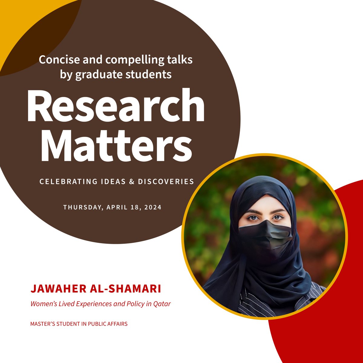 Introducing the 2024 Research Matters Speakers! Jawaher Al-Shamari, Master’s Student in Public Affairs presents: Women’s Lived Experiences and Policy in Qatar Join us on Thursday, April 18 at 4 pm at Grant Recital Hall graduateschool.brown.edu/research-matte… @WatsonInstitute