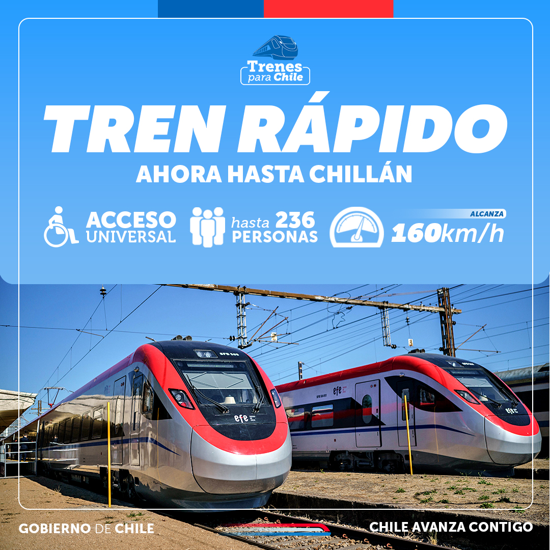 'Tren con destino a: Chillán' 👏 El Presidente @GabrielBoric y el ministro @JuanCaMunozA inauguraron un nuevo tramo del tren más rápido y moderno de Sudamérica, que ahora abarca desde Estación Central a la capital de la Región de Ñuble. Avanzamos con #TrenesParaChile