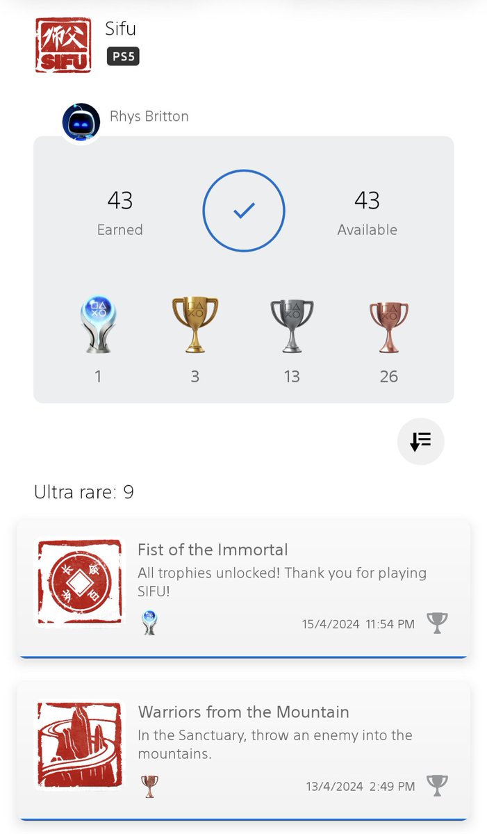 Platinum Trophy Number 5️⃣1️⃣ - Sifu 🥋👊🏻

Fun game with great fighting mechanics. However, being pretty bad at the game made the platinum trophy a horrible experience 😫🏆

Still recommend it, just move on to another game after the story.

#PlatinumTrophy #PlayStationTrophy #Sifu
