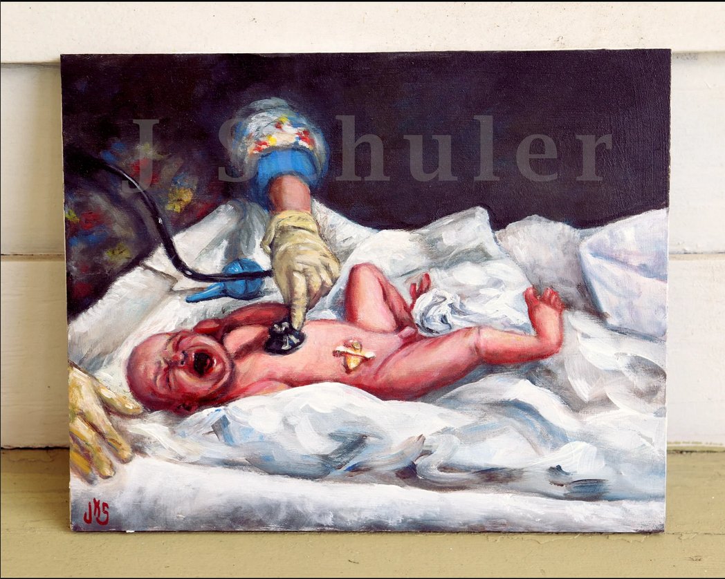 The New Baby 8' x 10' acyrlic on hardboard panel. jschulerart.etsy.com/listing/124568…  #art #Painting #baby #newborn #childbirth #maternity