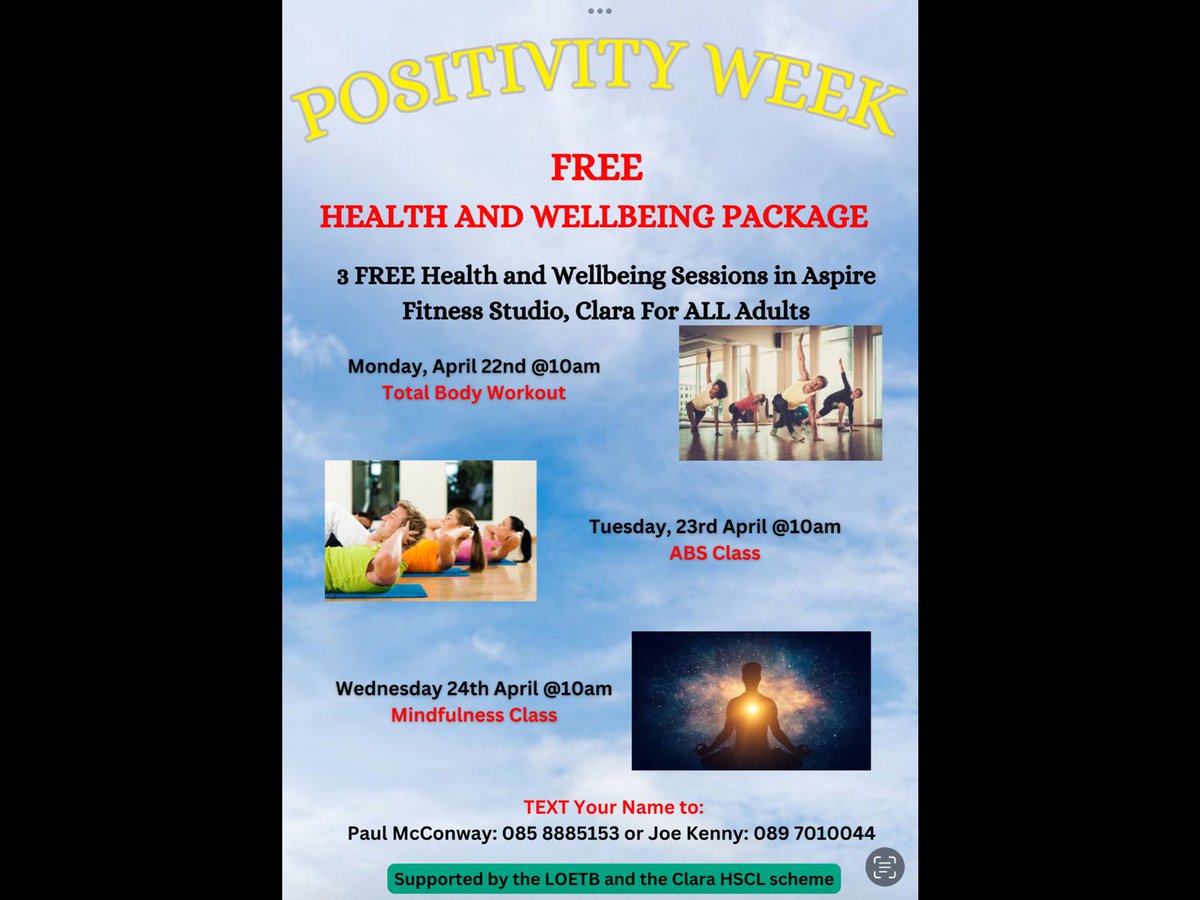 🌟 Join us next week for FREE health and wellbeing classes brought to you by @laoisoffalyetb and HSCL! Open to all parents and community members. Check out the details above and register using the contact information on the attached poster.💪 #HealthAndWellbeing