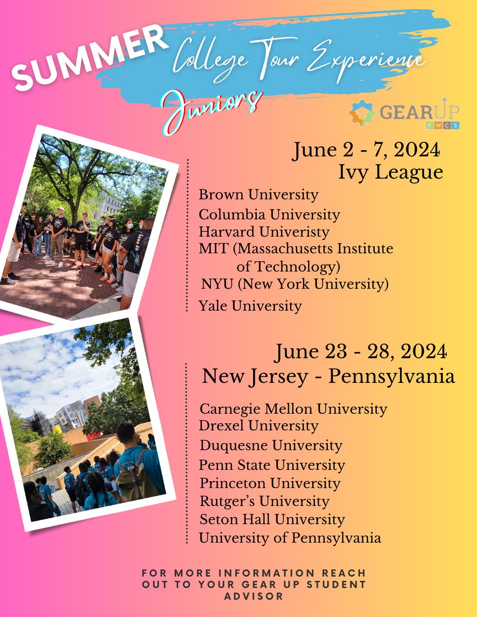 Attention GEAR UP Juniors!! Join us on one of our Summer College Tours!!! Connect with your GEAR UP Student Advisor for more information!! @edpartnerships #guworks #fwcs @waynegenerals @FWArcherNation @FWSniderHS @nshs.legends #FWGUTours