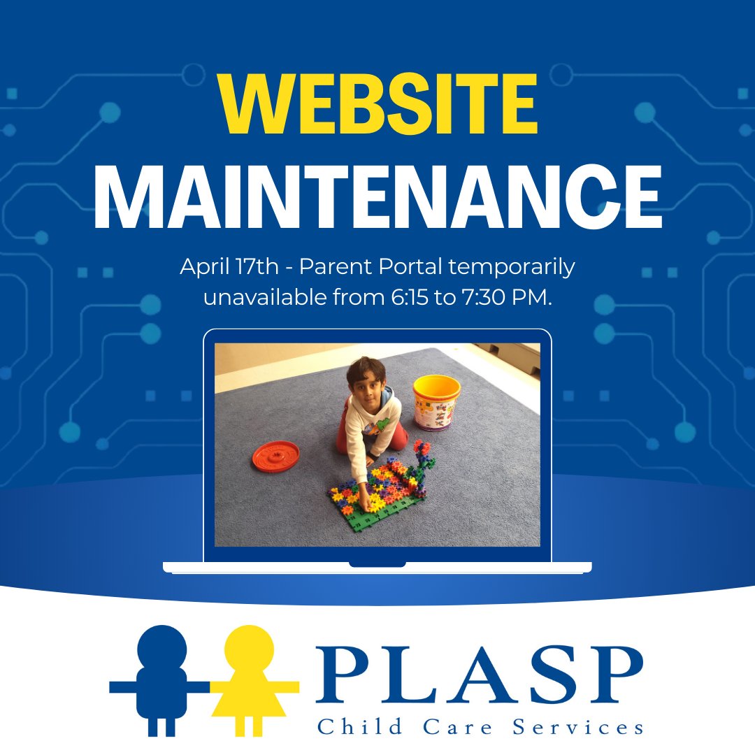 Logging into the #PLASP Parent Portal is temporarily unavailable this evening (April 17) from 6:15pm to 7:30pm due to scheduled maintenance. Thank you for your patience and understanding. plasp.com/News/318-april…