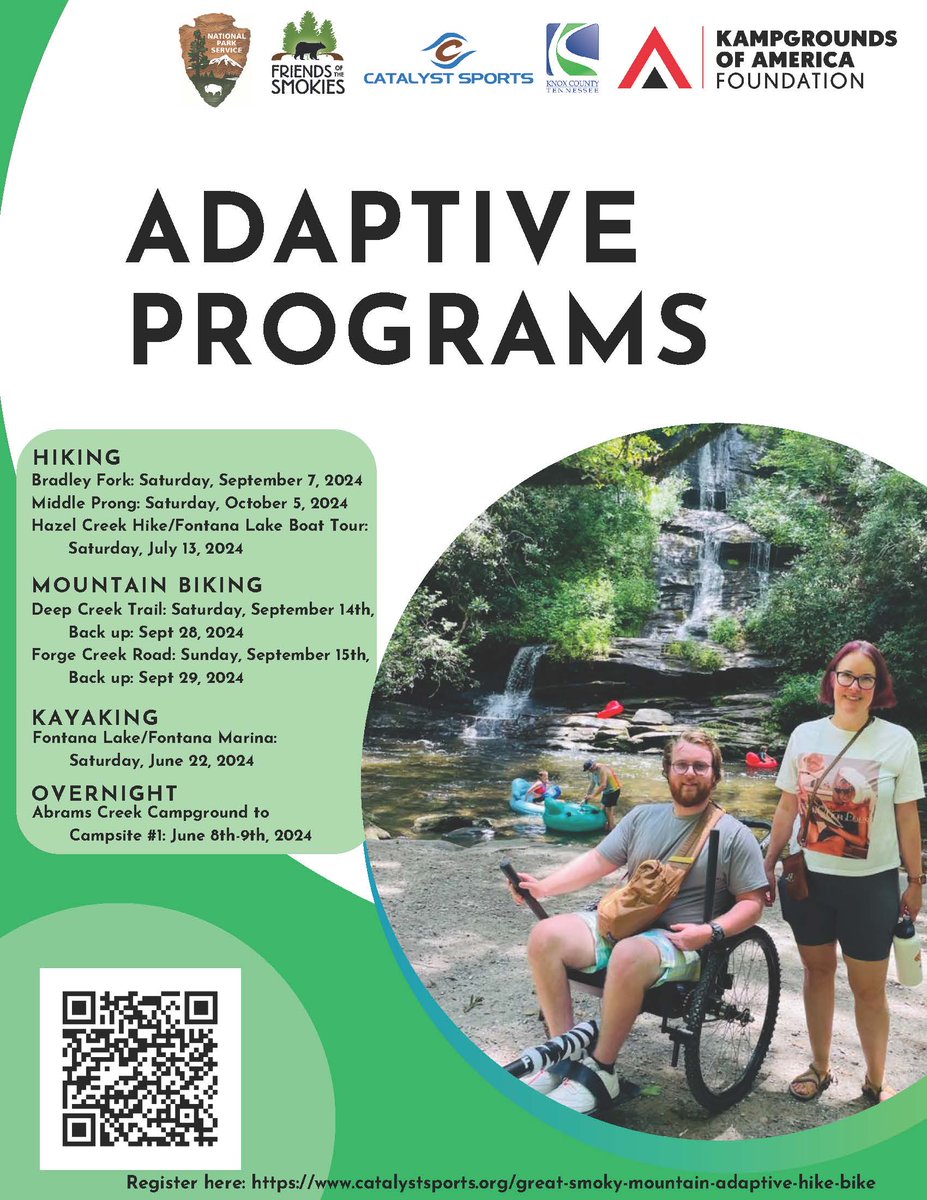 Adaptive programs at the Smokies are expanding! This year's lineup includes three opportunities for hiking, two for biking, one for kayaking and one overnight camping trip. Read more at nps.gov/grsm/learn/new… and register at catalystsports.org/great-smoky-mo….