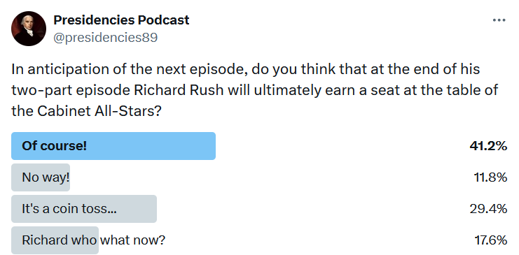 We end up with a plurality but not a majority, which seems fitting to the politics into which Rush was stepping when he assumed his post at Treasury in 1825 - stay tuned for as soon as I can get Part Two out to you to find out what @CivicsPod and I ultimately decided!