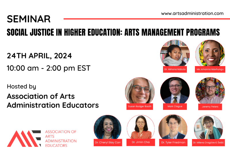 The International Affinity Group of AAAE is excited to present our first Social Justice in Arts Administration Education Seminar! Join us on April 24, 2024 from 10:00 am - 2:00 pm EST via Zoom. Registration details can be found at this link: lnkd.in/gRqH-8Qc
See you there!