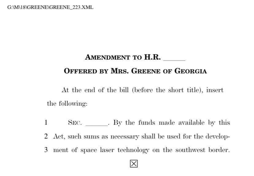 Marjorie Taylor Greene offers an amendment to make funds from the Israel funding bill available “for the development of space laser technology on the southwest border.” This is real, not made up— it’s amendment 11 here rules.house.gov/bill/118/hr-PI… H/T @juliegraceb