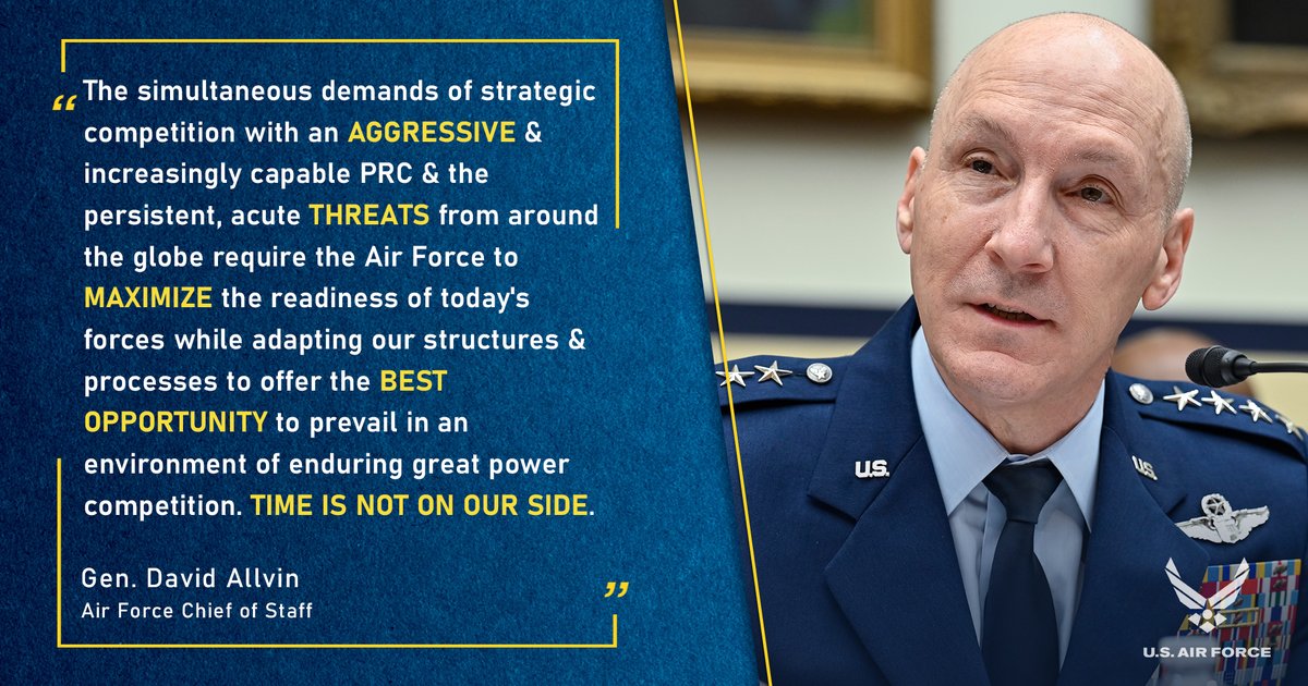 CSAF Gen. David Allvin testified before the House Armed Services Committee April 17 regarding the Department of the Air Force's FY25 budget request & the urgency of funding critical programs. Read more 👇 af.mil/news/article-d…