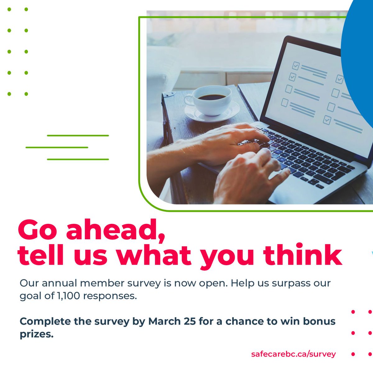 .@SafeCareBC's annual member survey closes tomorrow! Your feedback helps them to understand the health and safety issues important to you. You can help influence health and safety across the sector. 👉 safecarebc.ca/survey