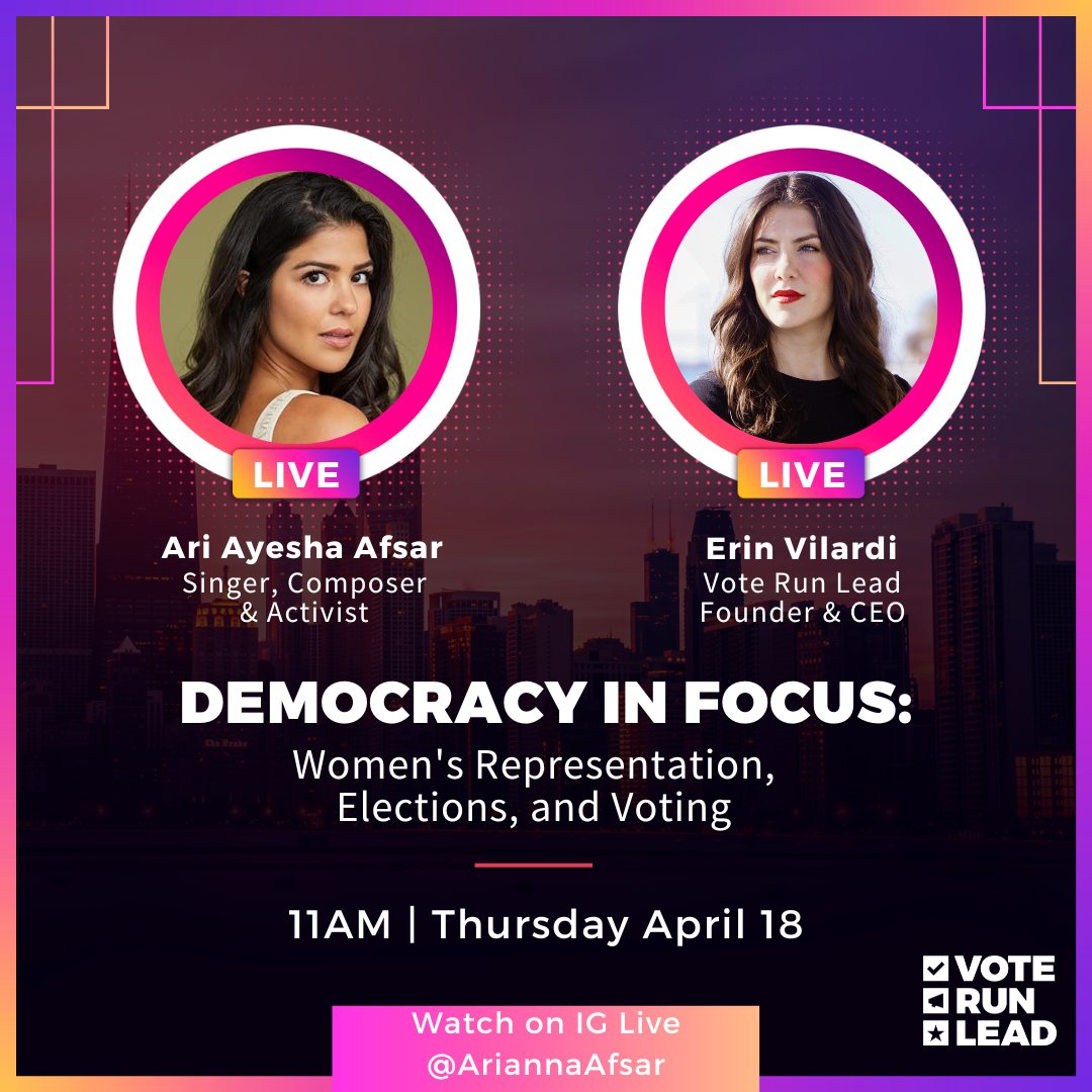 Catch our Founder & CEO @ErinVilardi on IG Live tomorrow (Thursday) at 11 AM with singer/composer/activist @ariannaafsar. Together, they will dive into women's representation for reflective democracy and the power of your vote in this election. Join Ari's IG for a live talk!