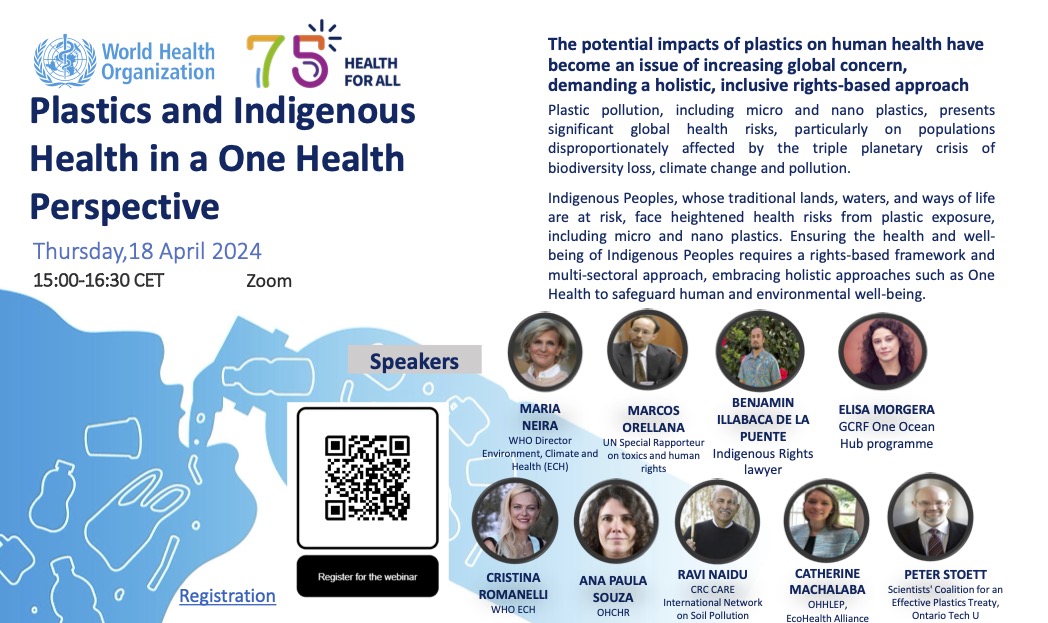 Ending #PlasticPollution is critical to a healthy future for all: Please join us tomorrow (Thursday) at 15:00 CET for the @WHO Health Dialogue on Plastics and Indigenous Health in a #OneHealth perspective. Event is in English and Spanish. Register at who.zoom.us/webinar/regist…