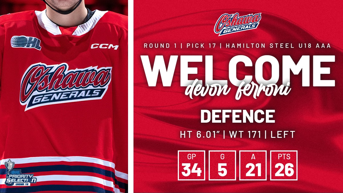 With the 17th overall pick in the 2024 U18 Priority Selection, the Oshawa Generals are proud to select from the Hamilton Steel, Devon Ferroni.

Welcome to #GensNation, Devon!

#FutureGENeration | #OHLU18Draft