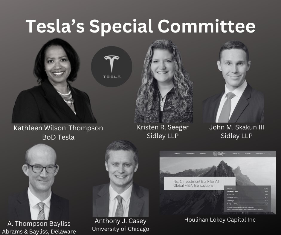 The Special Committee formed by Tesla's Board of Directors added four external advisors, to prepare the proxy items addressing the move from Delaware to Texas and in parallel the ratification of Elon's 2018 Comp package. These are our Musketeers, fighting to set this injustice
