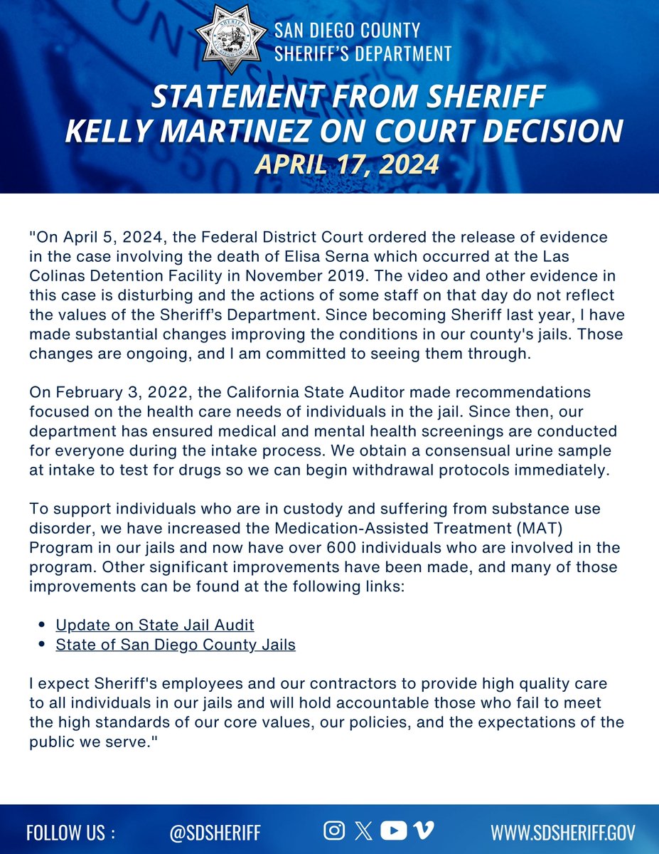 Read a statement from @SDSheriff Kelly Martinez about a recent court decision. You can also read the statement here: sdsheriff.gov/Home/Component….