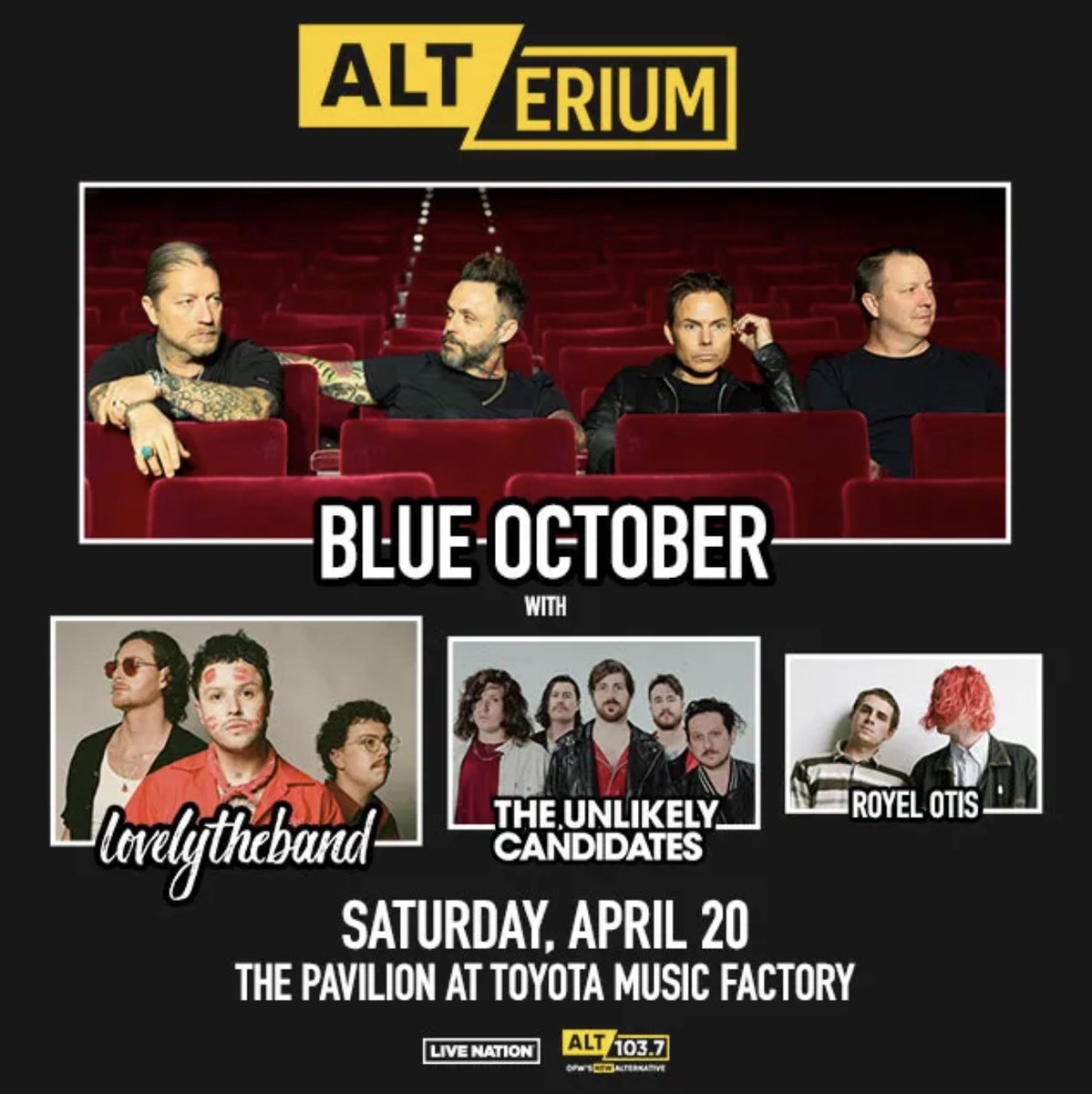 It's almost here! The return of #ALTERIUM feat. @Blueoctoberband, @lovelytheband, @RoyelOtis & @tucband is coming up this Saturday at @ThePavilionTMF. Get tix here: livemu.sc/3tpIZXV