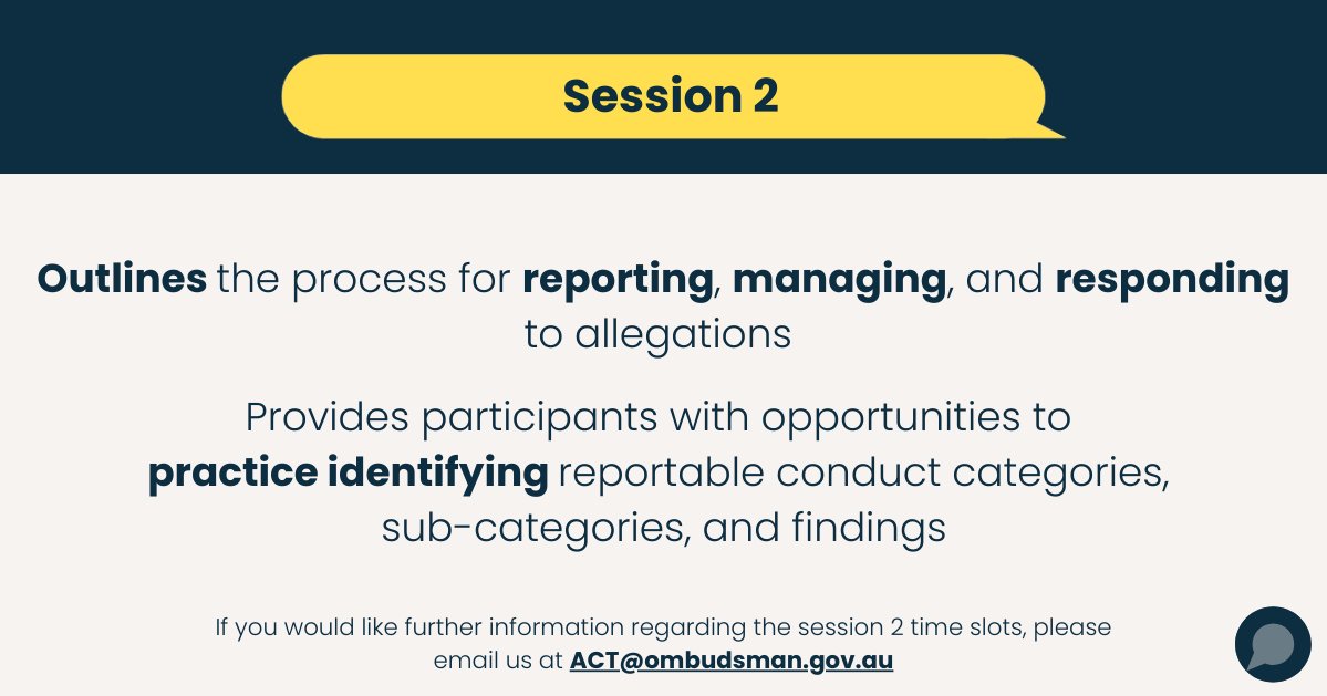 Commonwealth Ombudsman (@cwealthomb) on Twitter photo The ACT Ombudsman has developed two information sessions specifically for religious designated entities. These sessions online between 30 April and 22 May 2024. Each session will take approximately two hours. If you would like further information please email ACT@ombudsman.gov.au The ACT Ombudsman has developed two information sessions specifically for religious designated entities. These sessions online between 30 April and 22 May 2024. Each session will take approximately two hours. If you would like further information please email ACT@ombudsman.gov.au